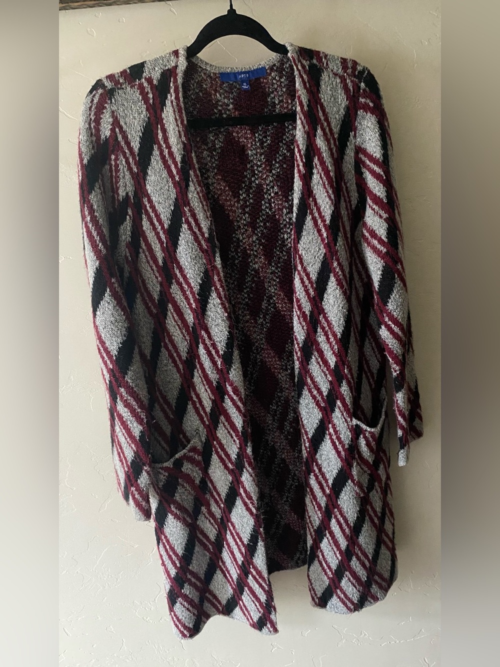 Apt. 9 Burgundy, Black & White Plaid Open-Front Cardigan
